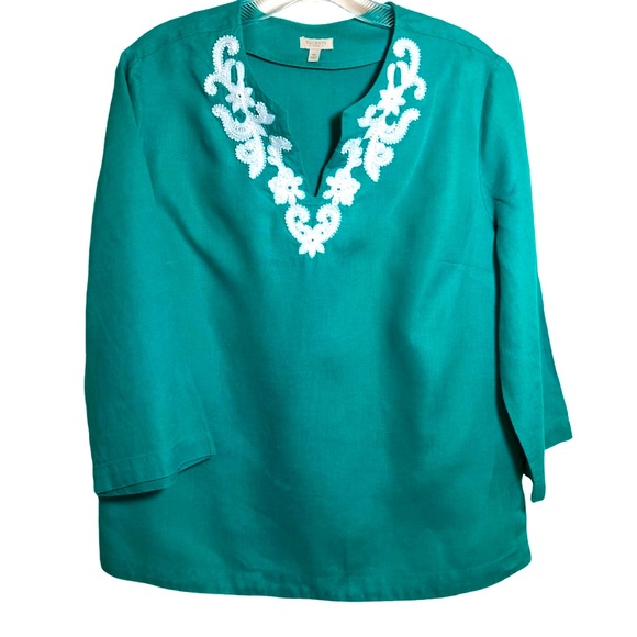 Talbots Tops - Talbots 100% linen beaded top teal green Sz MP